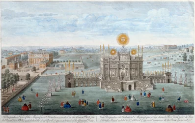 Perspektivní pohled na velkolepou stavbu postavenou v Green Parku pro Královský ohňostroj, hospoda. Robert Wilkinson, 1749